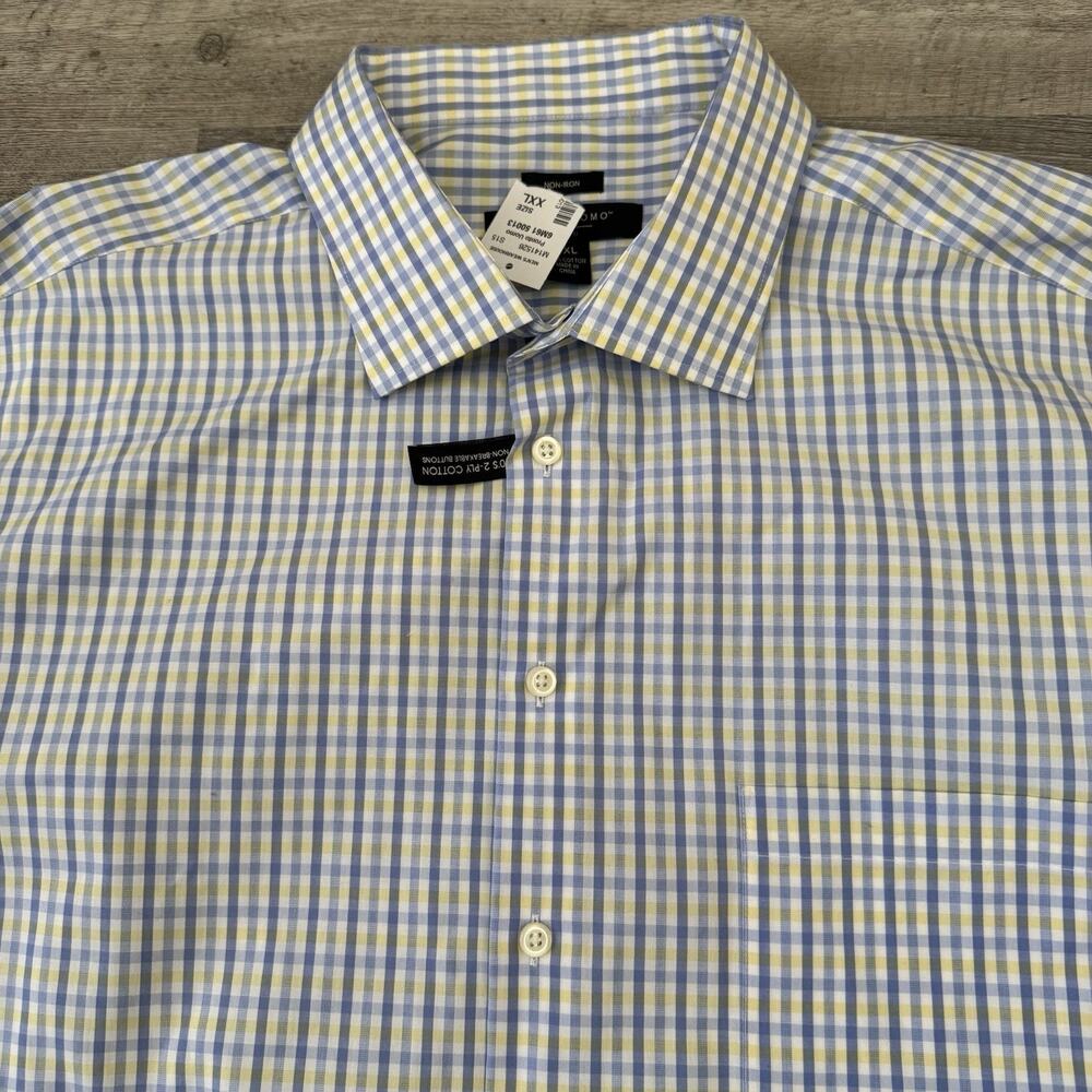 Pronto Uomo Shirt Mens XXL 80s 2-Ply 100% Cotton Blue Yellow Plaid Non-Iron NEW